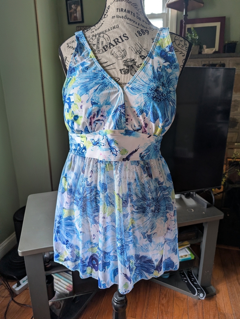 Blue Floral V-Neck Women’s Swim Dress Size XL